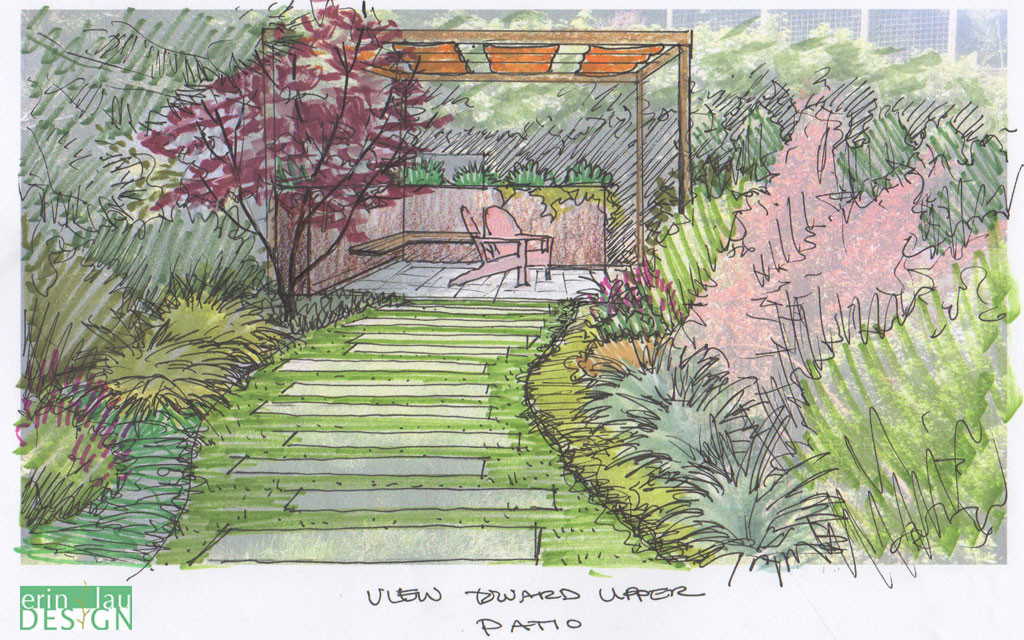 Path leading toward covered patio sketch